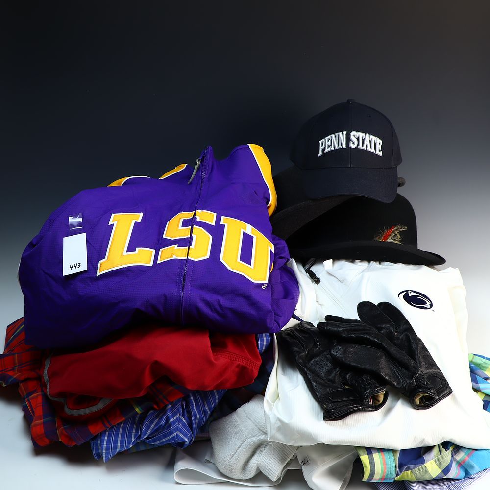 Lot 443: Mens L/XL shirts, LSU jacket, and 2XL Penn State windbreaker