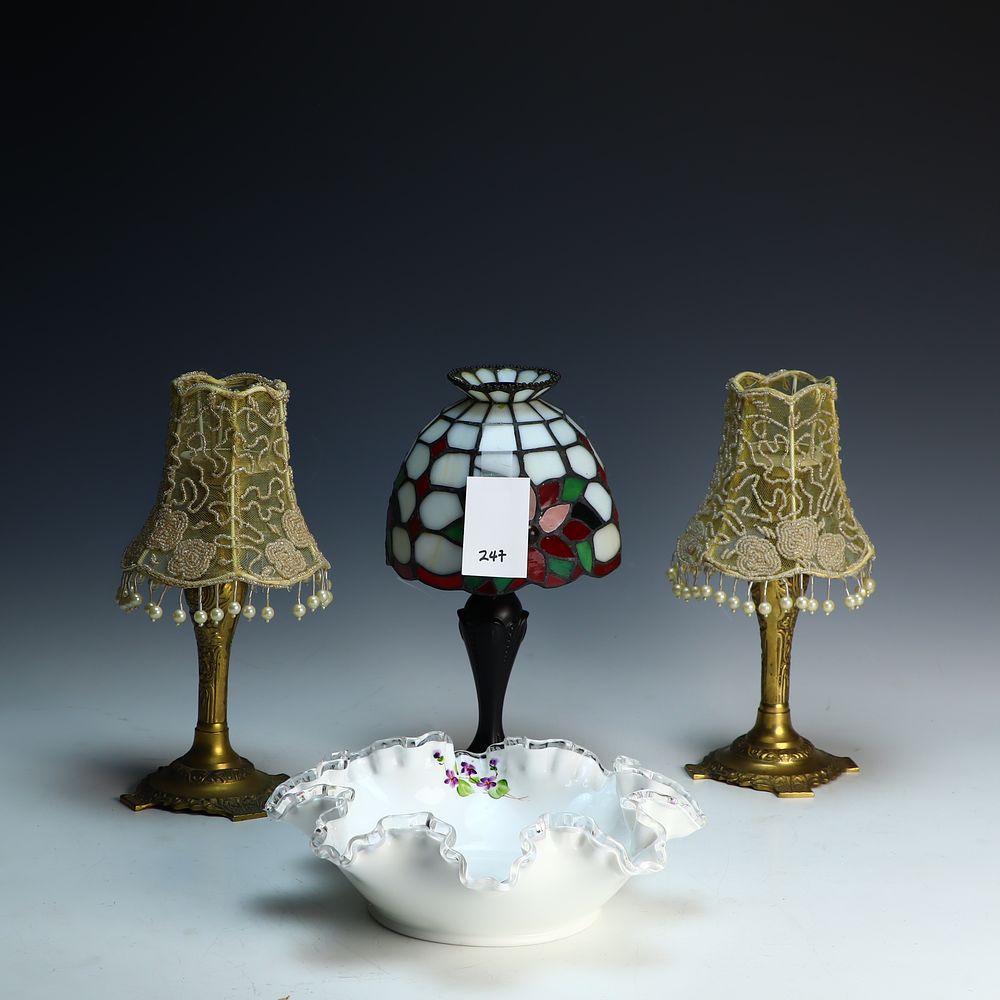 Lot 247: Vintage J. Hofmann bowl, stained glass candle lamp and 2 brass candlesticks