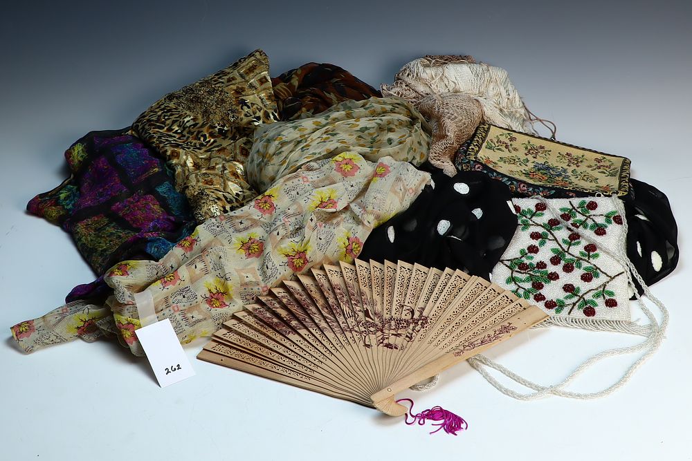 Lot 262: Lot of scarves, beaded purse, vintage purse and a fan