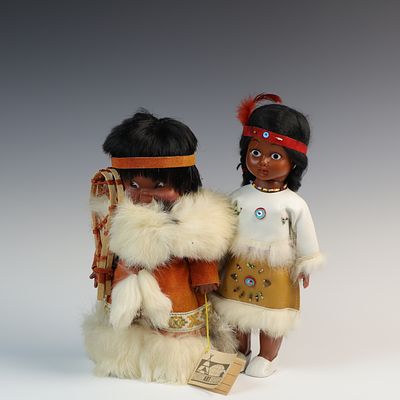 Two Vintage Native American Dolls with real animal fur on clothing 11 inches tall