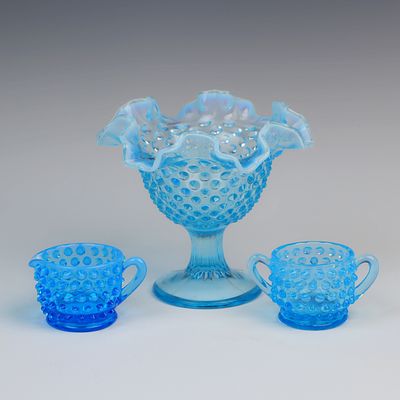 Vintage Opalescent Blue Hobnail Set. Includes a Creamer and sugar