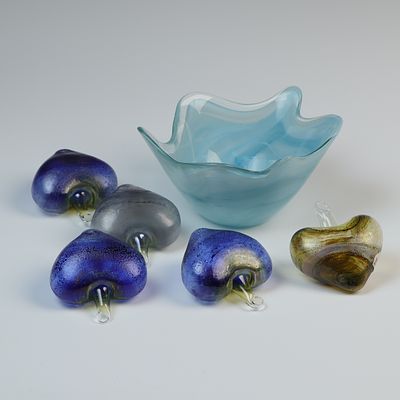 Lot of Hand Blown Heart Ornaments and Art Glass Bowl 4x5 inches and ornaments are 3 inches
