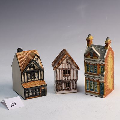 Three Vintage Stone English Cottages 5.75 inches tall 2.5 inches wide largest