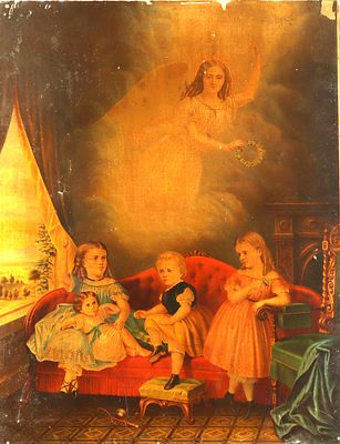 Antique Vintage Print Adhered to a Stretched Canvas. Angel looking over Children in the parlor 