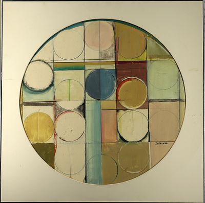 Vintage Original Abstract Watercolor by James Zoller. Circular Design dated 1988 matted 28x28 inches