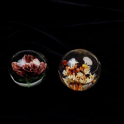 Lot of Vintage Paperweights. One Lucite the other glass floral designs 3 inches wide