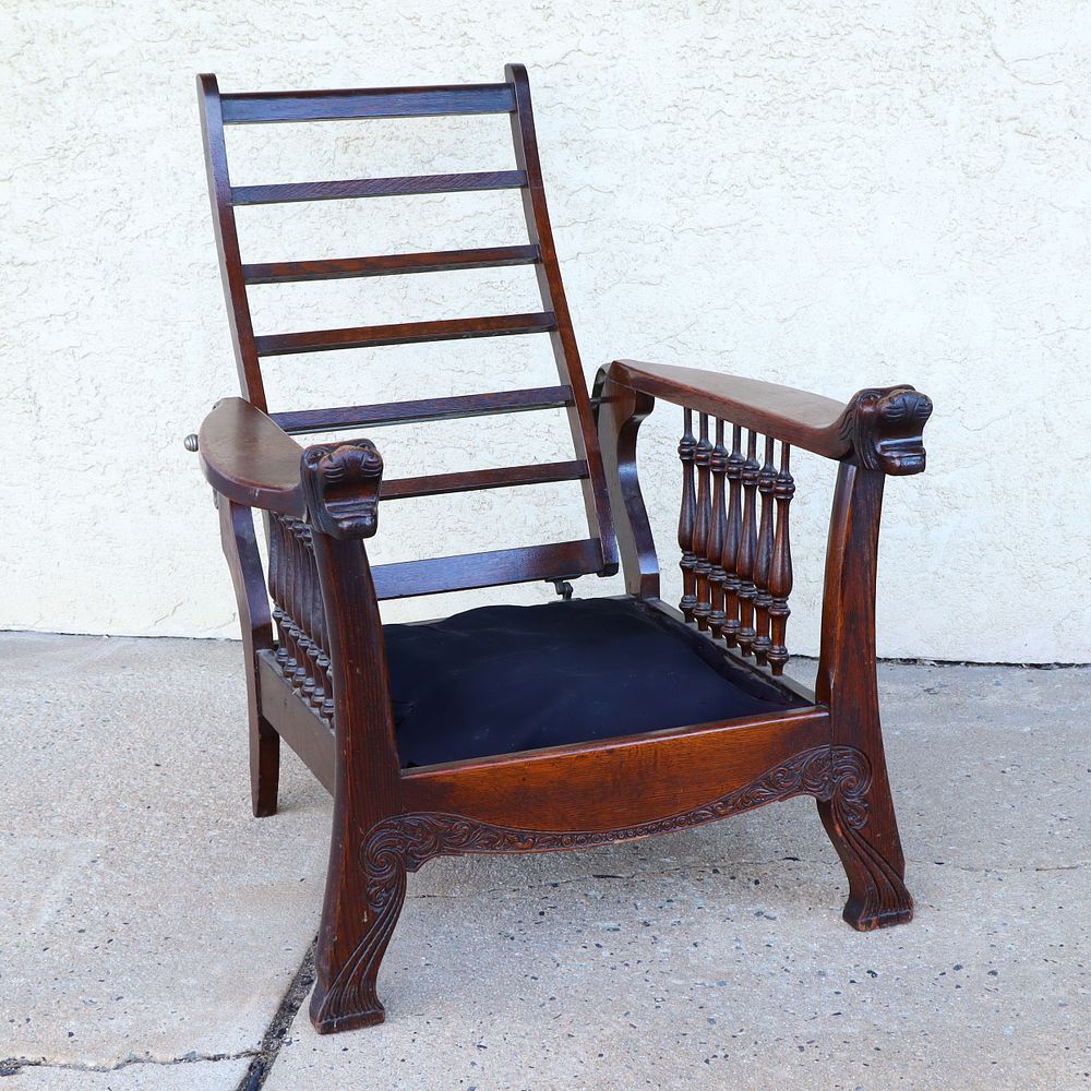 Lot 284: Antique William Morris Carved Lion’s Head Arm Chair Recliner Circa 1890 – 1910