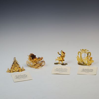 Gold Plated 20K Danbury Mint Metal Christmas Ornaments. Ornaments are 3.25 inches for the 