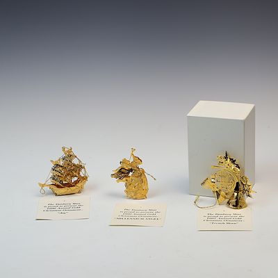 Gold Plated 23K Danbury Mint Metal Christmas Ornaments. Largest ornament is 3.5x2.75 inches