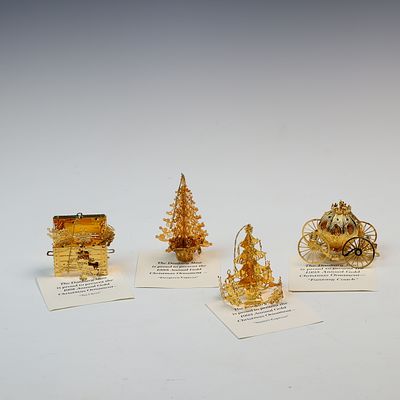 Gold Plated 20K Danbury Mint Metal Christmas Ornaments. Largest ornament is 3x2.25 inches
