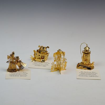 Gold Plated 23K Danbury Mint Metal Christmas Ornaments. Largest ornament is 3x2.25 inches