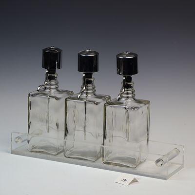 Vintage Mid Century Bar Top Spirits Dispenser Set. Includes A lucite tray 4.5x17 inches and 3 