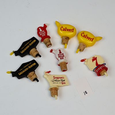 Lot of Eight Vintage Mid Century Spirit Bottle Toppers. Branded Bottle Pour toppers for open 