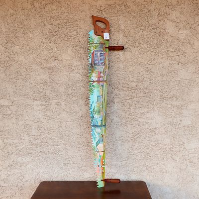 Original Hand Painting on an Antique Two Man Saw. Painted by D Martin 1989 landscape of the 