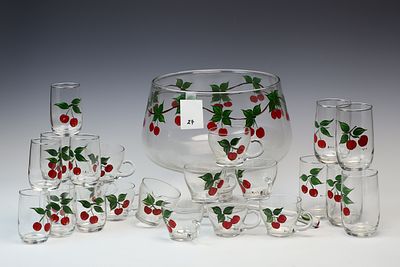Vintage Handpainted Punch Bowl Set. Includes Ladle and cups Cherry Design Signed by the artist 