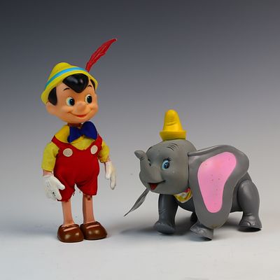 Vintage Walt Disney Pinocchio and Dumbo Figures. Made in Hong Kong, plastic figures 10 inches 