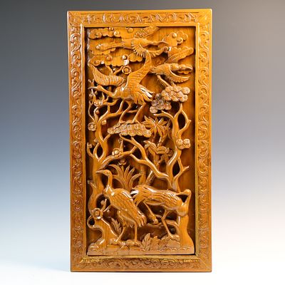 Heavy Oriental wood carving panel 14.5X26.5 inches