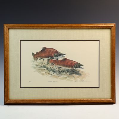 Signed and numbered watercolor lithograph Sockeye Salmon art 23X16.5 inches