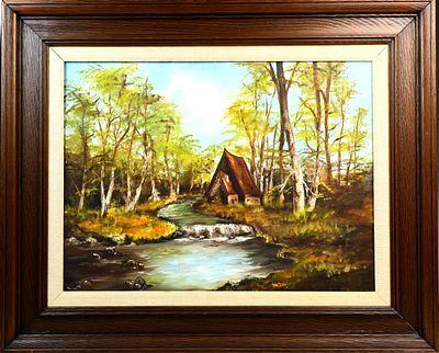 Vintage oil on canvas by Heide, Cabin in the woods
