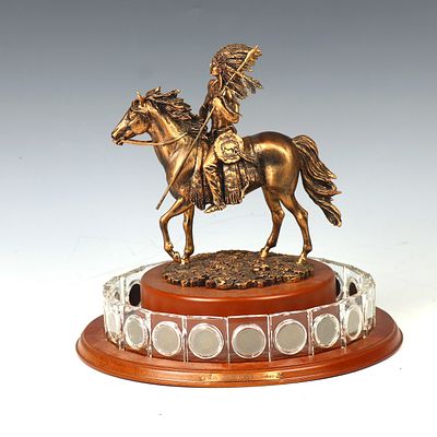 Danbury Mint Crystal Collection 20 U.S. Indian Head Pennies and sculpture, resin and wood base 