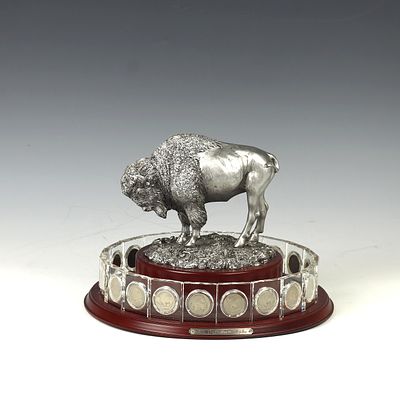 Danbury Mint Crystal Collection 20 Buffalo Nickels, resin sculpture, wood base, 8 inches tall 