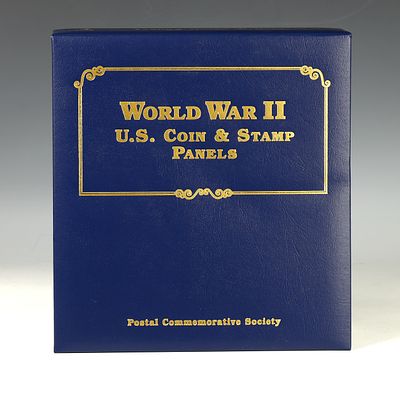 World War II US Coin and Stamps Panels total of 15 panels and 75 coins grouped as a half dollar 