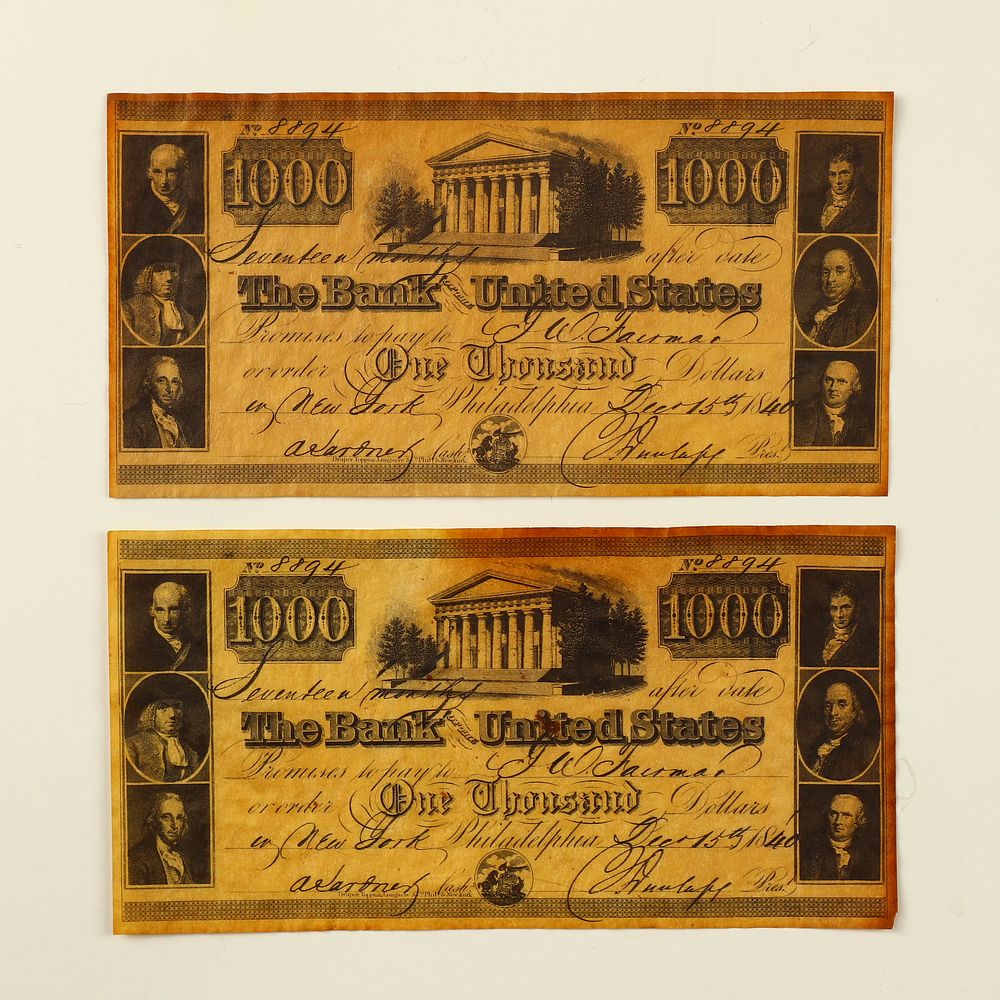Lot 212: Lot of 2 antique reproduction $1000 Bank of United States Notes