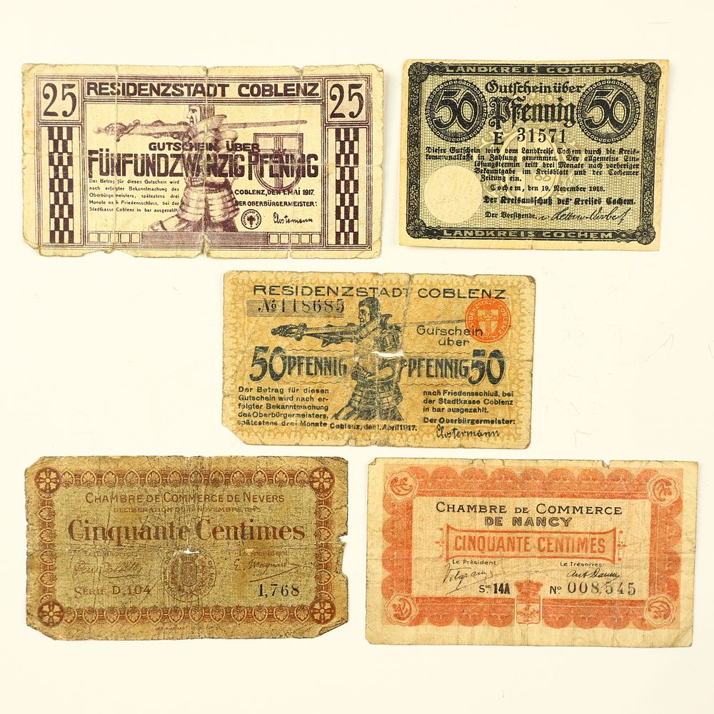 Lot 247: Lot of five WWI German and French notes