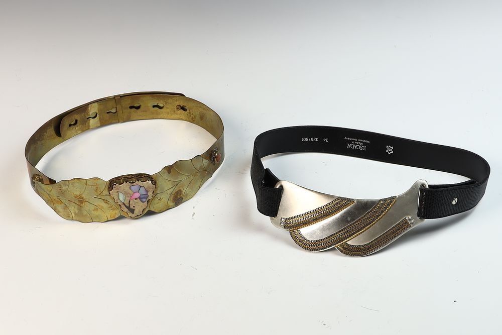Lot 178: Two Vintage 1980s Ladies Designer Belts including Escada Leather and Metal Leaf Examples