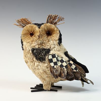 MacKenzie-Childs Sisal and Mixed Media Owl Figurine. A decorative owl figurine produced by 