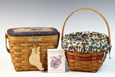 Two Longaberger Handwoven Wooden Baskets with Accessories. This lot features two handwoven 