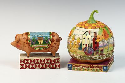 Two Jim Shore Heartwood Creek Figurines, Country Heritage Pig and Count Your Blessings Pumpkin. T 