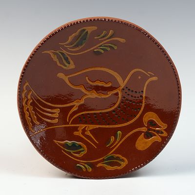 Foltz Pottery Slip-Decorated Redware Plate with Bird Motif, 1986. A contemporary Pennsylvania 