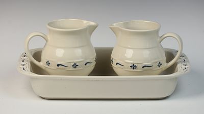 Three Piece Longaberger Pottery Woven Traditions Blue Stoneware Serving Set. This three piece 