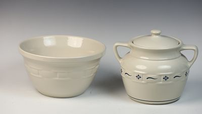 Two Longaberger Pottery Woven Traditions Classic Blue Ceramic Tableware Pieces. This lot 