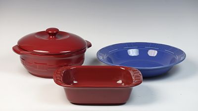 A Trio of Longaberger Pottery Woven Traditions Vitrified Stoneware Serving Pieces. This is a 