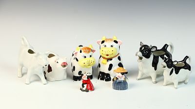 A Collection of Ceramic Cow Creamers and Figurines Including Otagiri and Block Country Farm. This 