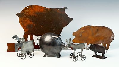 Six Contemporary Folk Art Animal Sculptures including a Pig Form Coin Bank. This collection 