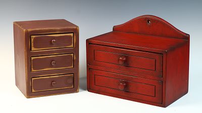 A Pair of Replitiques Handcrafted Painted Wooden Miniature Cabinets by Ron Brougher. A pair of 
