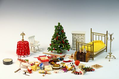 A Collection of Vintage 1:12 Scale Dollhouse Furniture and Miniature Holiday Accessories. A 