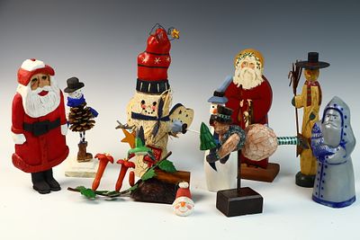 A Collection of Handcrafted Wood and Ceramic Folk Art Figurines Including Signed Pieces. This 