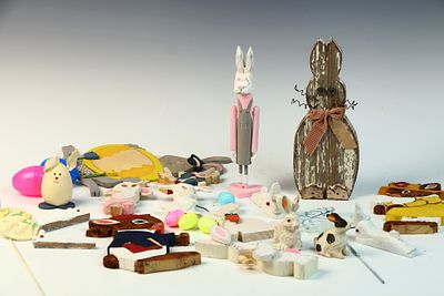An Assortment of Vintage Folk Art Style Easter Rabbit Figurines and Seasonal Decorations. This 