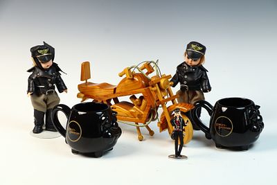 A Collection of Harley-Davidson Themed Collectibles Including Dolls, Mugs, and a Wooden 