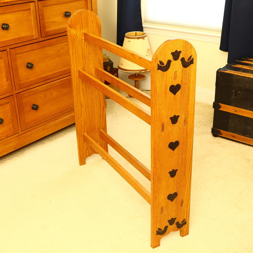 Lot 154: Country Style Solid Oak Standing Floor Quilt Rack with Stenciled Folk Art Motifs