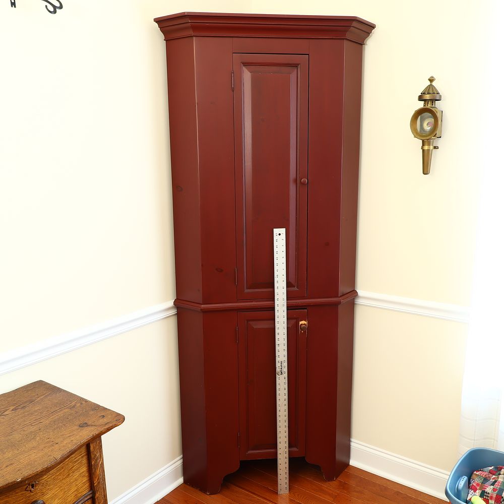 Lot 162: Country Style Pine Corner Cupboard with Oxblood Red Finish