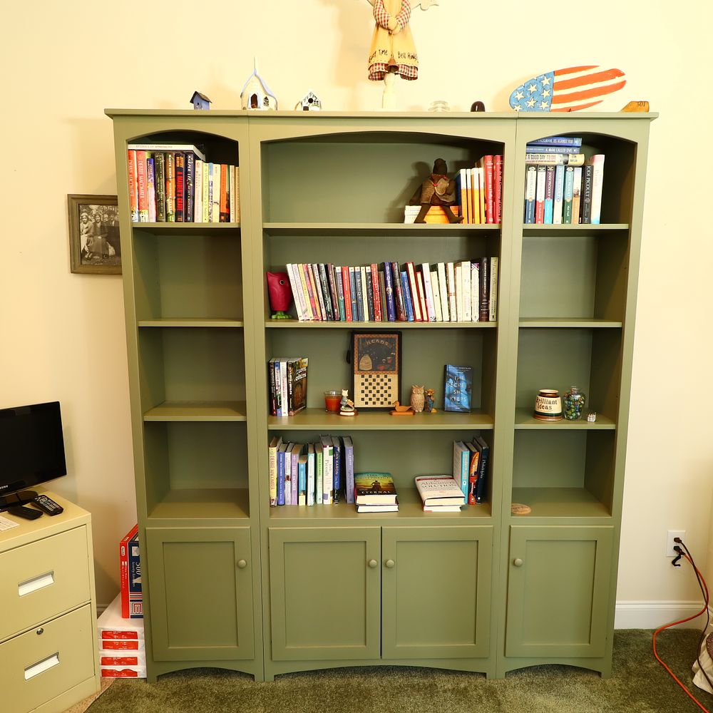 Lot 170: Contemporary Three Section Painted Wood Bookcase with Lower Cabinets