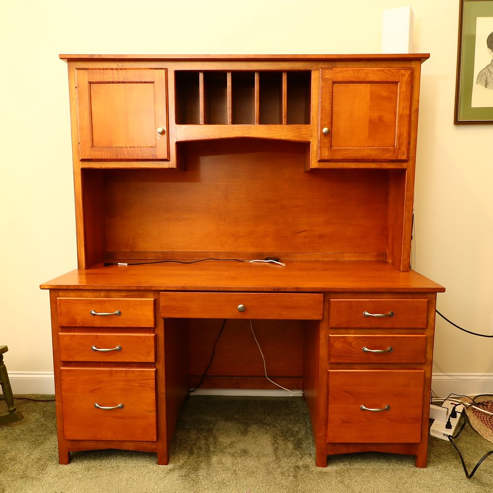 Lot 171: Amish Linwood Style Hardwood Pedestal Desk with Hutch