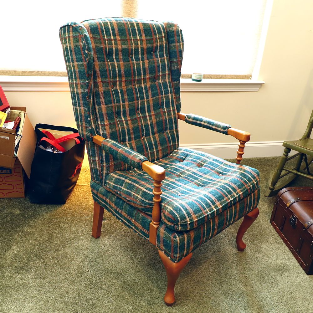 Lot 174: Colonial Revival Plaid Upholstered Wingback Armchair