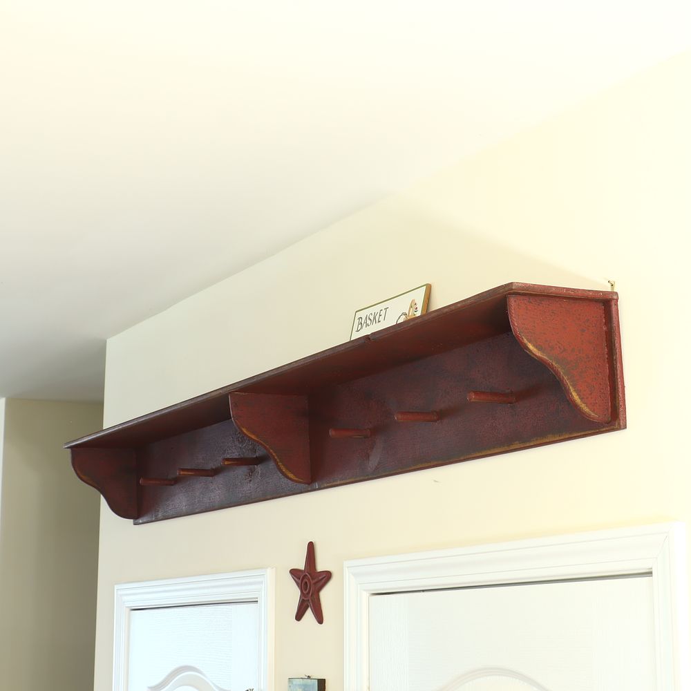 Lot 179: Shaker-Style Red Painted Wood Wall Shelf with Peg Rack
