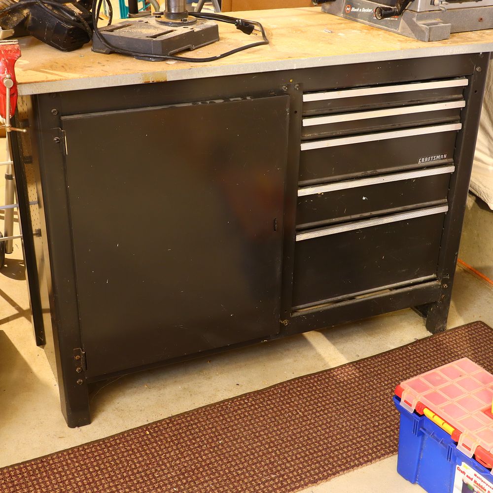 Lot 223: Craftsman Industrial Black Metal Workbench with Integrated Cabinet and Five Drawers